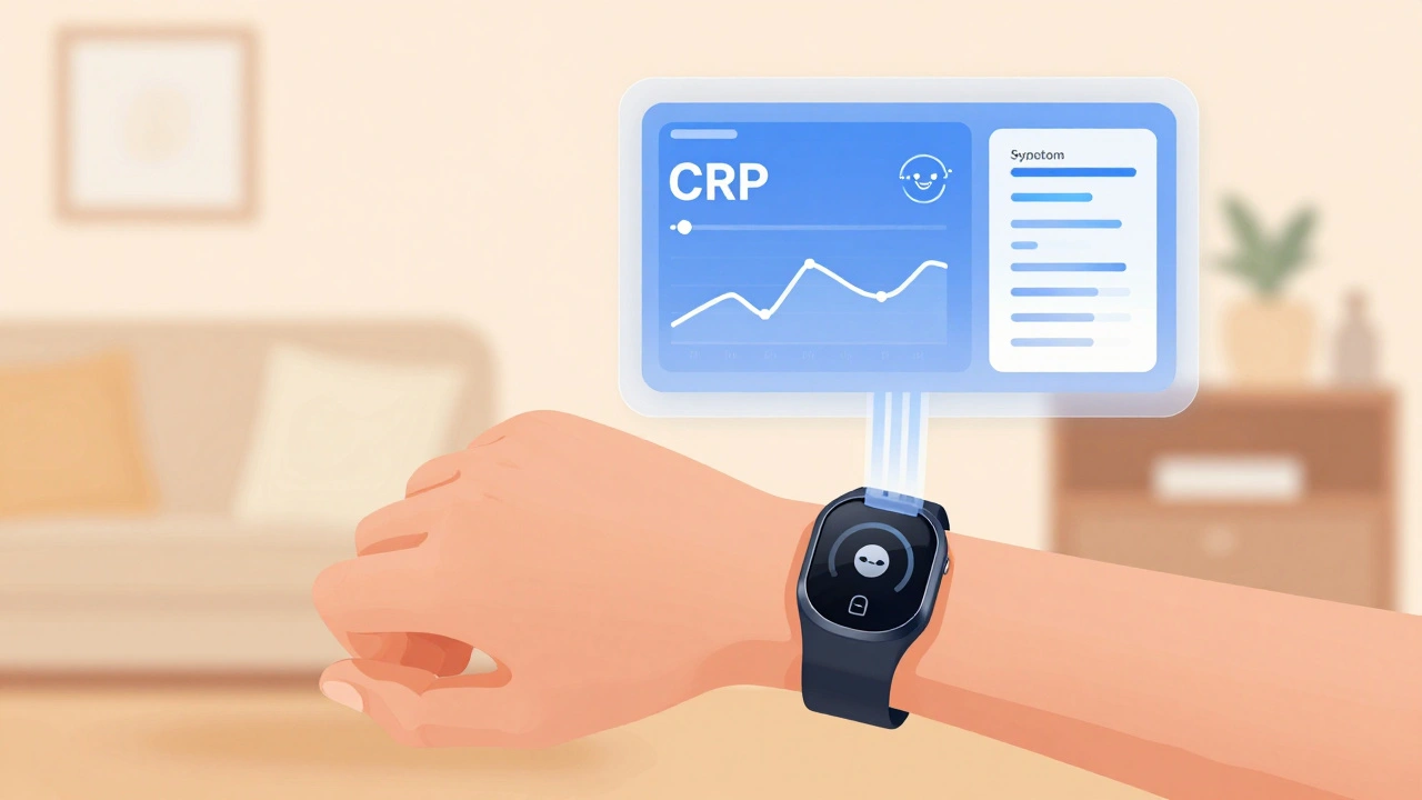 Person wearing a wearable device with health data streaming to a digital dashboard in soft flat illustration.