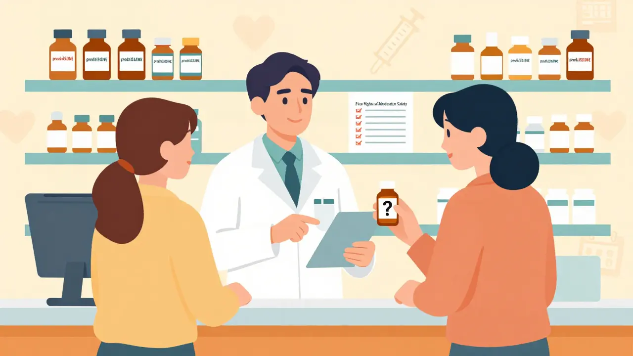 Pharmacist and patient reviewing medicine bottles with clearly labeled similar drug names at a pharmacy counter.