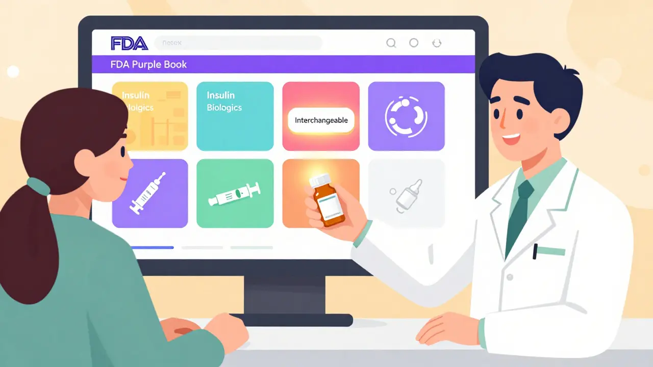 Pharmacist giving a prescription to a patient while showing an FDA Purple Book interface on screen.