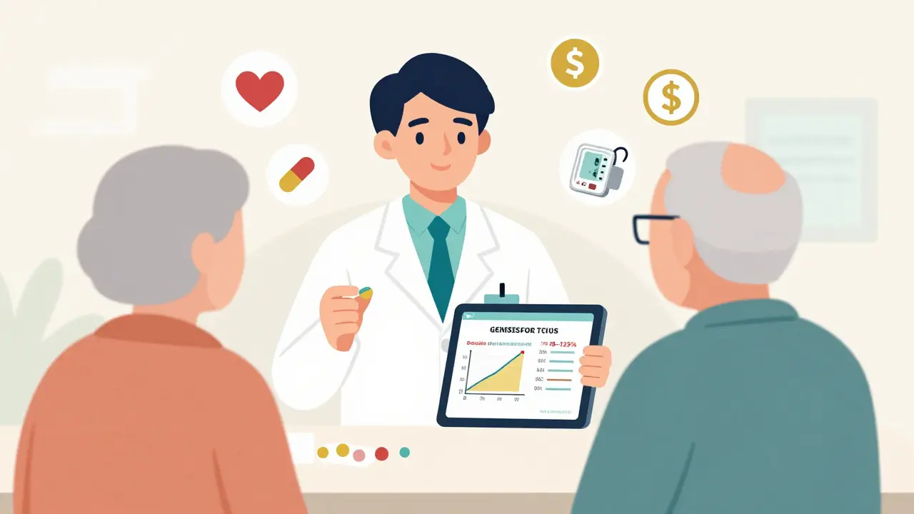 Pharmacist showing a video on tablet to explain generic medication bioequivalence to a patient.