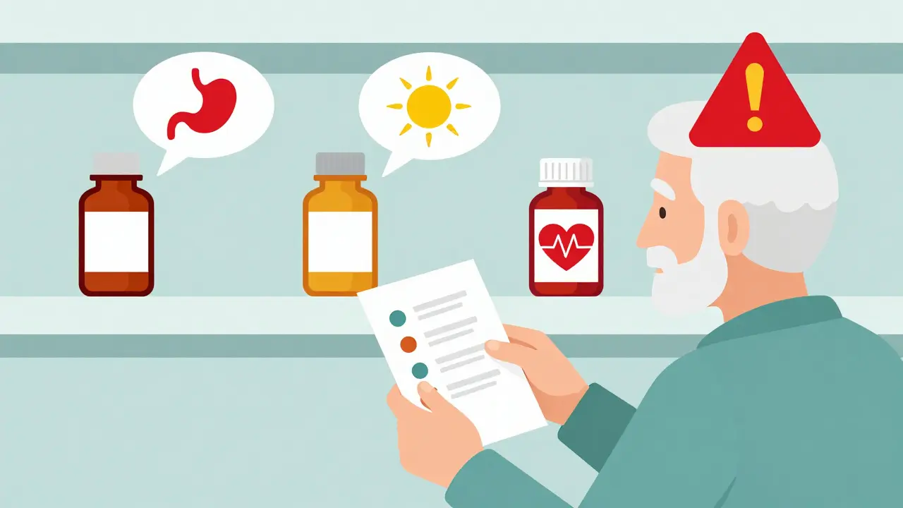 Pharmacy shelf with medication bottles emitting side effect symbols, an elderly person holding multiple pills.