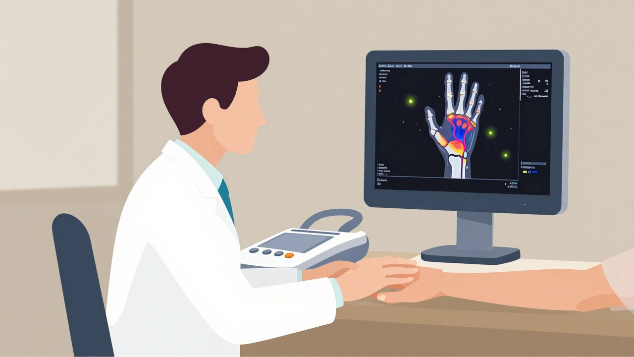 Rheumatologist using ultrasound on a hand while PET scan heat map shows immune activity in the air.