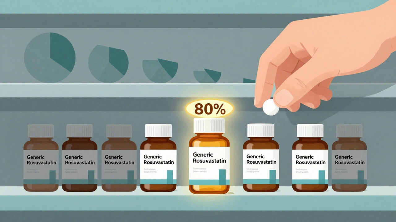Seven identical generic pill bottles on a shelf, one dominating sales while others fade, with a PBM hand selecting only the top bidder.