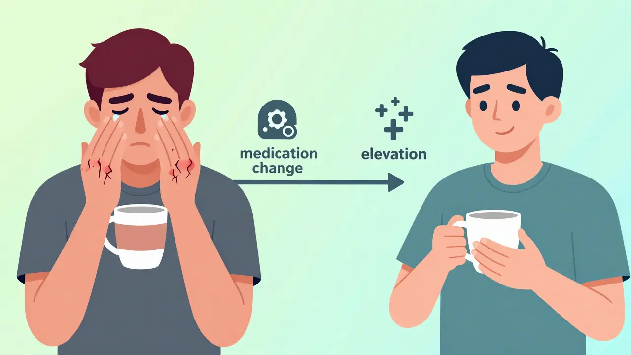 Split image: one side shows painful cracked hands from chemotherapy side effects, the other shows healed hands after treatment adjustment.