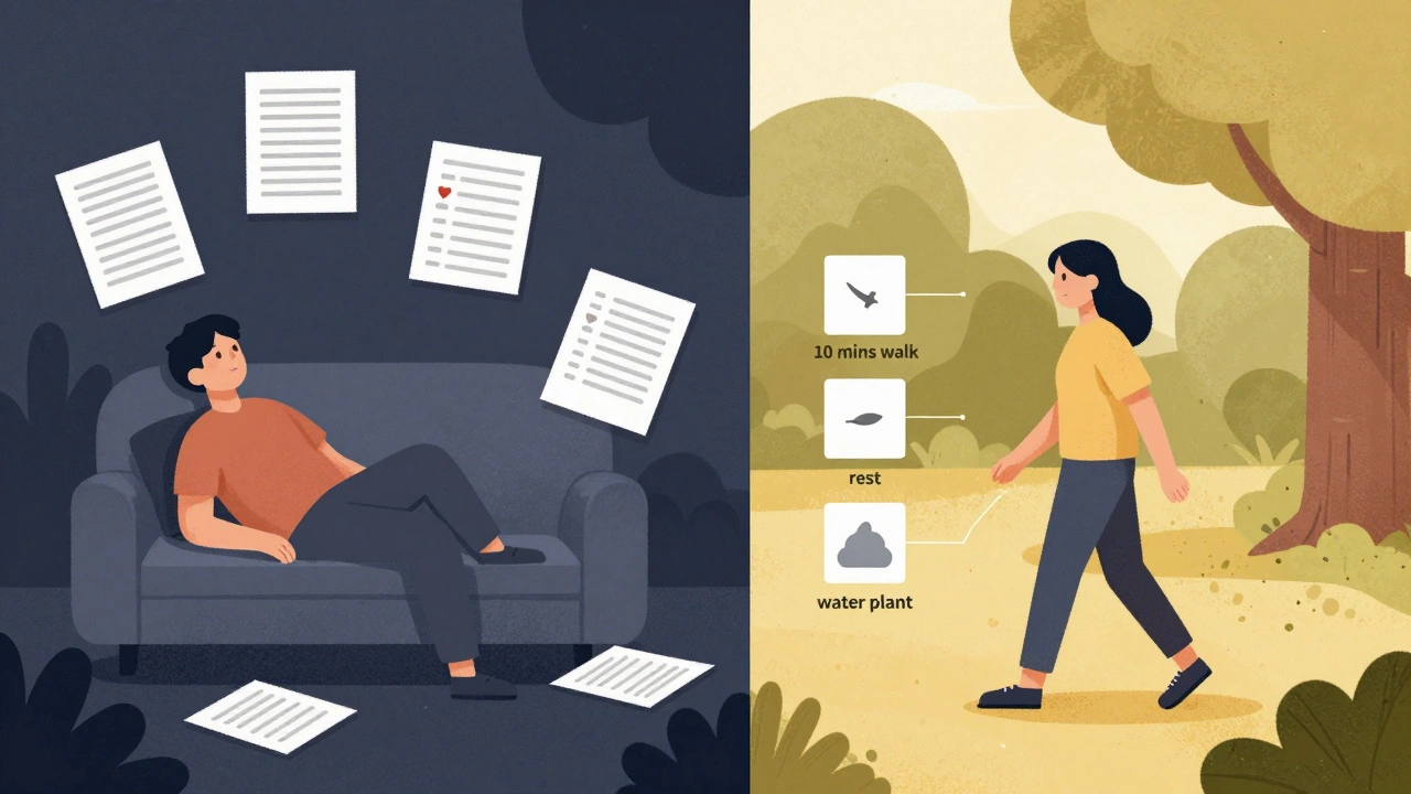 Split scene: person overwhelmed on couch vs. person walking with paced activity steps.