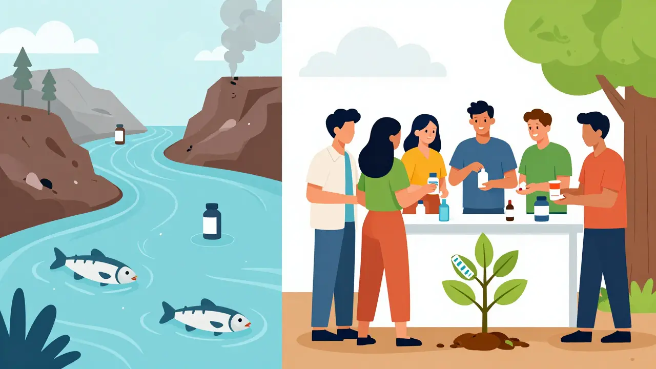 Split scene: polluted environment vs. community medication take-back event