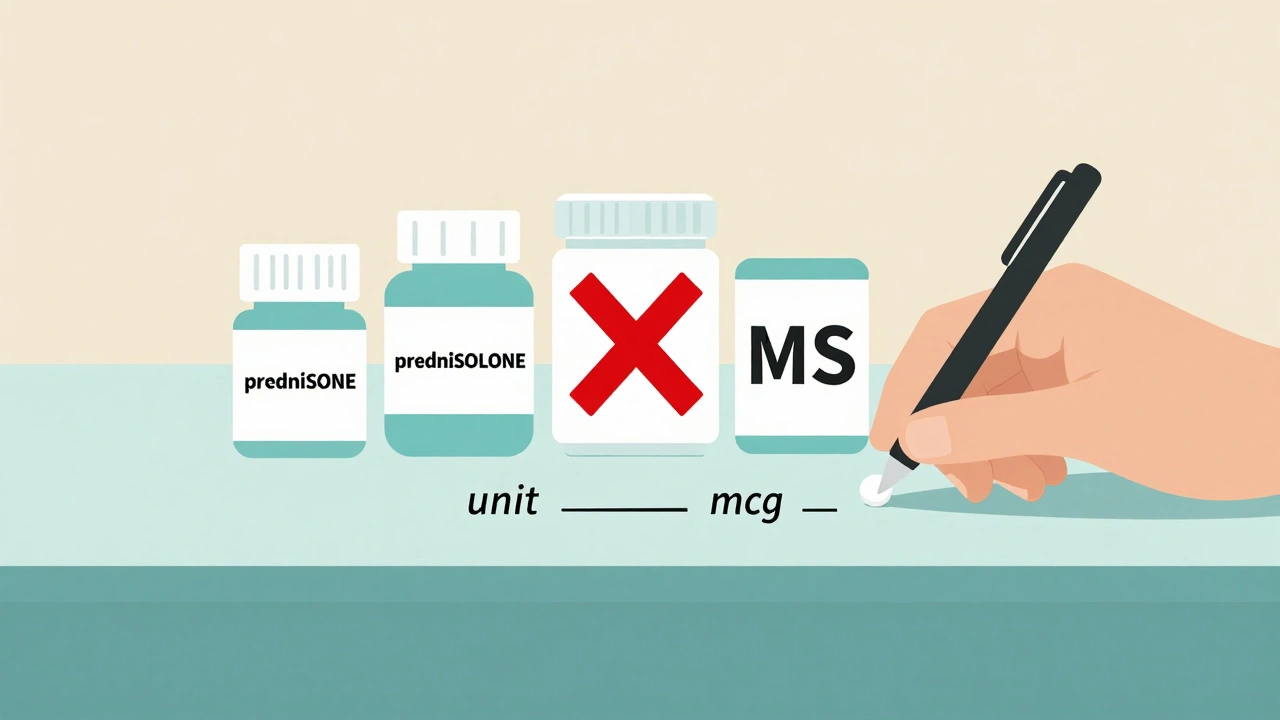 Three medication labels side by side with clear spelling differences and corrected abbreviations to prevent confusion.