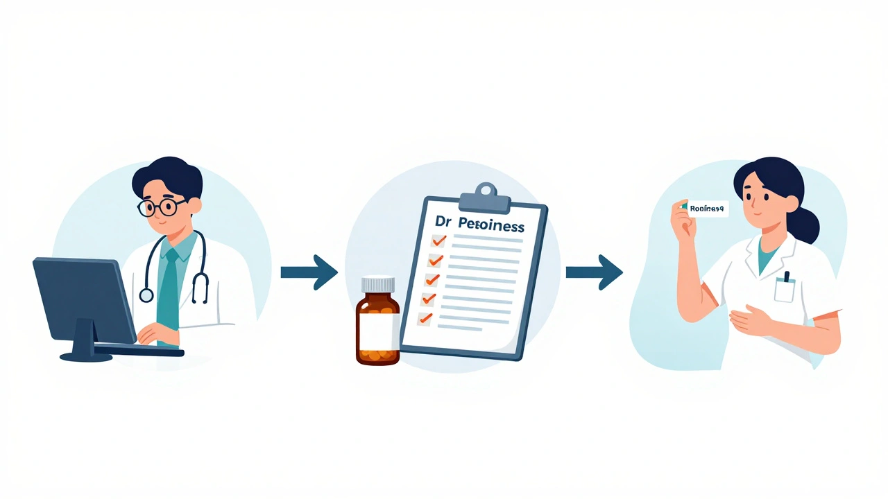 Three-panel illustration showing the process of verifying medication: reviewing, comparing, and confirming before administration.