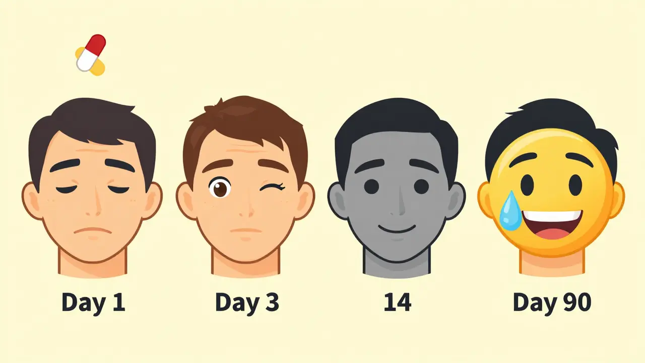 Timeline showing facial recovery from drooping to full smile over 90 days.