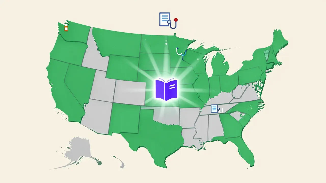 U.S. map showing states where pharmacists can substitute interchangeable biosimilars in green.