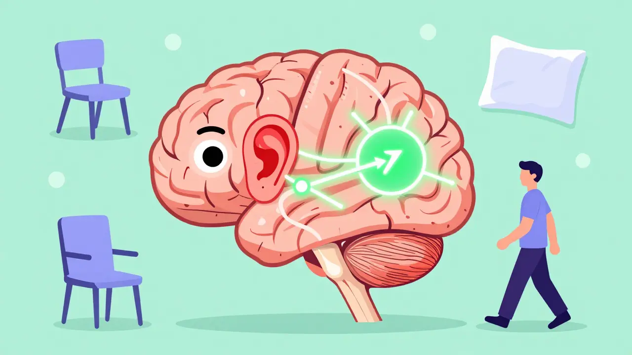 A brain illustration showing neural pathways adapting from inner ear signals to vision and body senses.