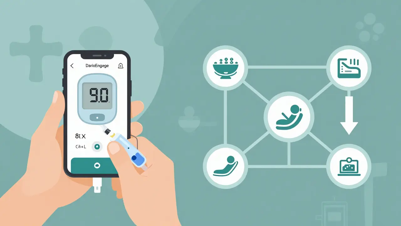 A diabetes patient’s app connected to an insulin pump, showing real-time health data improving their HbA1c levels.
