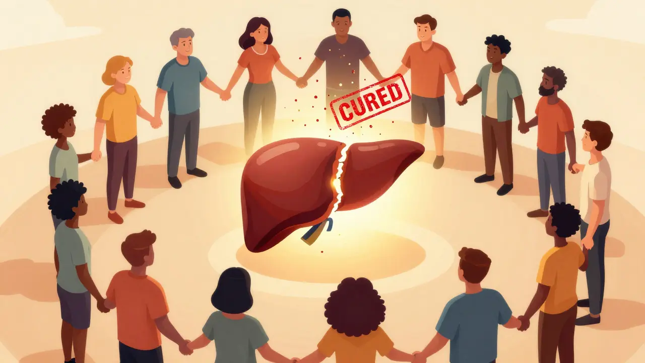 A diverse group holding hands around a healed liver, with chains dissolving into confetti, representing cure and hope.