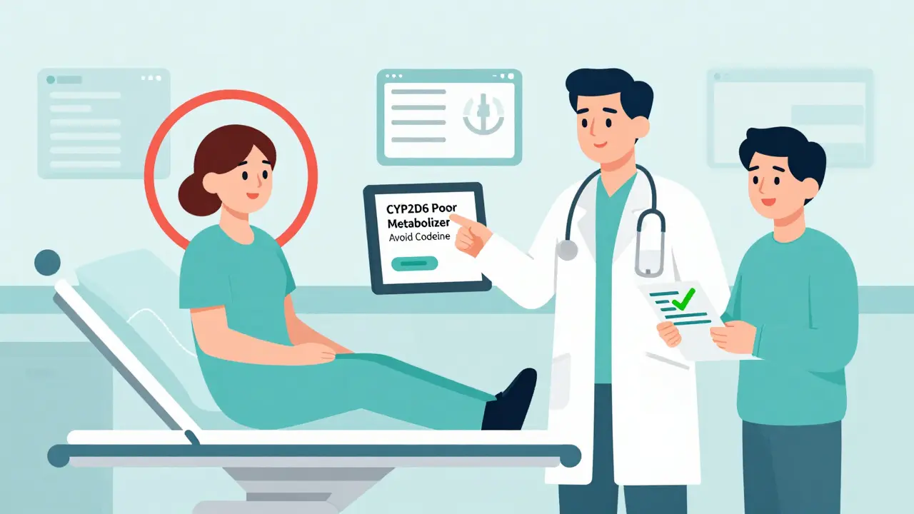 A doctor shows a genetic alert on a tablet while one patient is in danger and another receives a safe prescription.