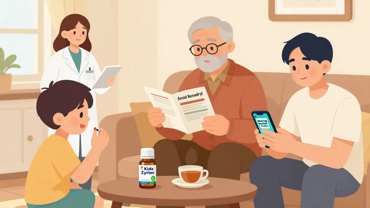 A family in a living room taking different antihistamines safely, with a pharmacist and allergy app visible.