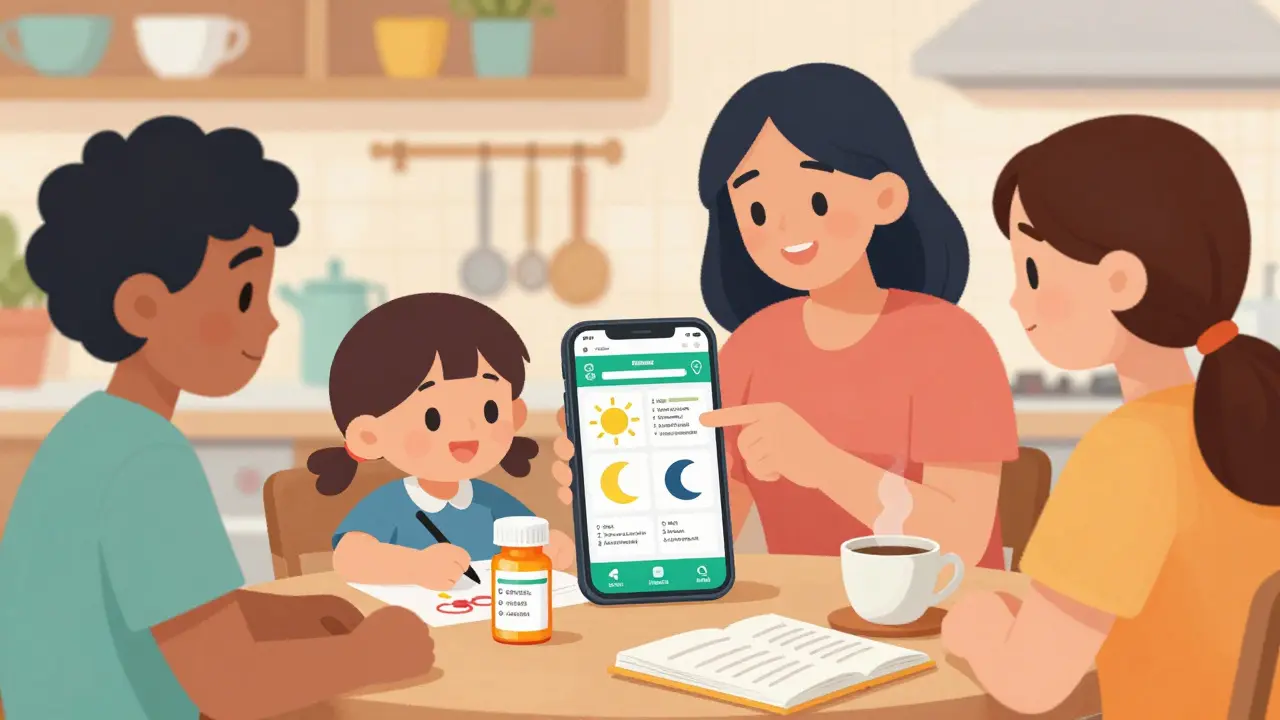 A family studies a prescription label with pictograms and handwritten notes, using a phone to access a language help line in their kitchen.