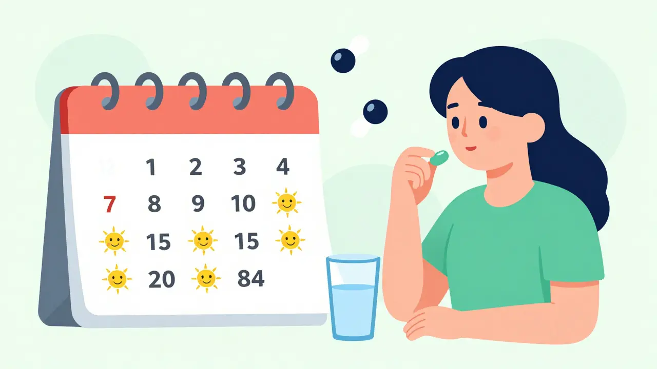 A person taking one pill daily, with days counting up and antiviral molecules nearby, symbolizing simple cure treatment.