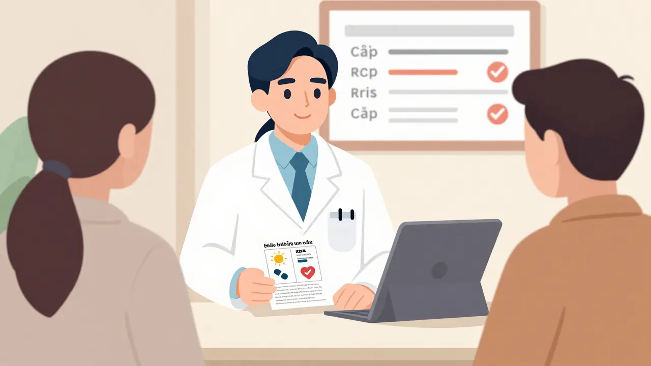 A pharmacist gives a translated prescription label with pictograms to a patient, while a professional interpreter appears on a tablet screen.