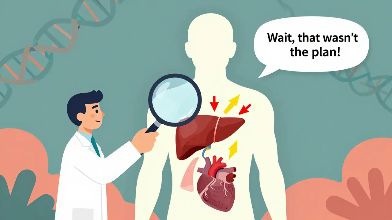 A scientist examining a human silhouette showing on-target and off-target drug effects with color-coded arrows.
