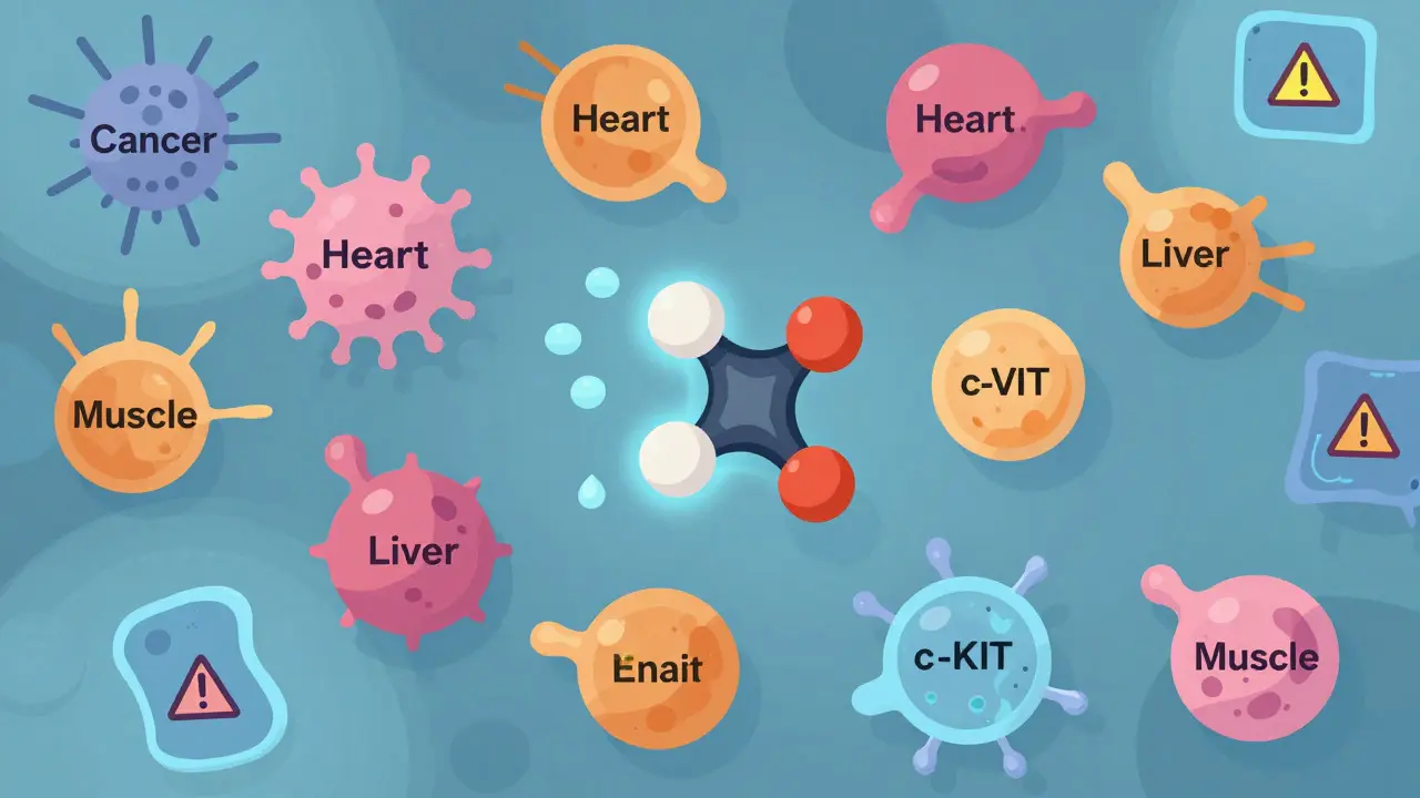 A small drug molecule binding to multiple protein targets, with warning signs on unintended organs like heart and muscle.