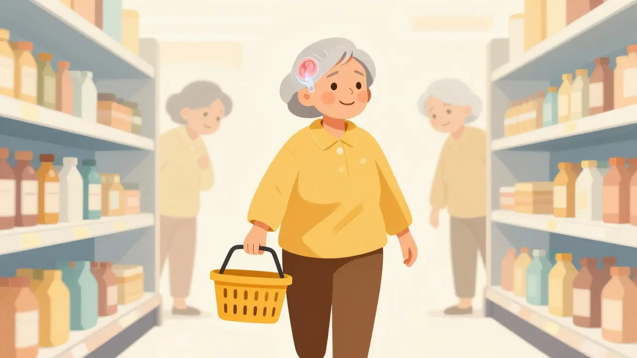 An elderly woman walking confidently through a grocery store, free from fear of falling.