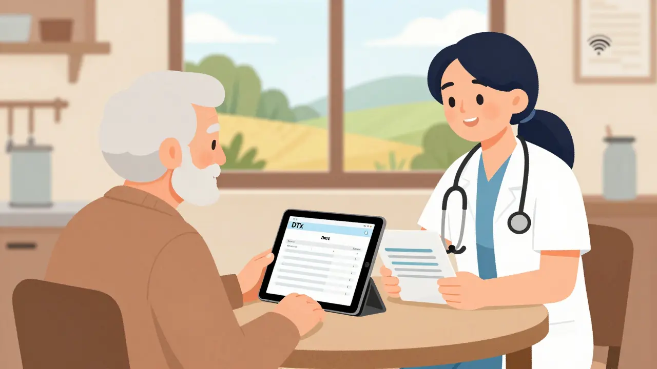 An older adult learning to use a digital therapeutic with help from a community health worker in a rural setting.