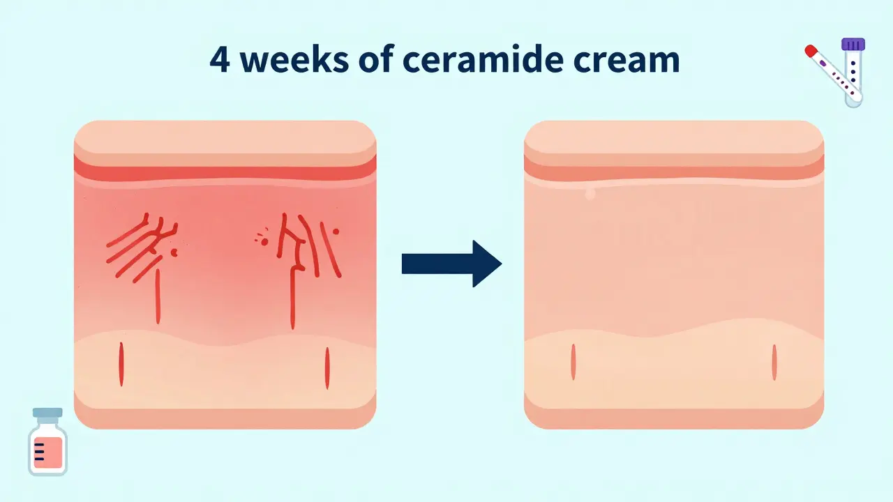 Before-and-after skin comparison showing inflammation reduced with ceramide treatment.