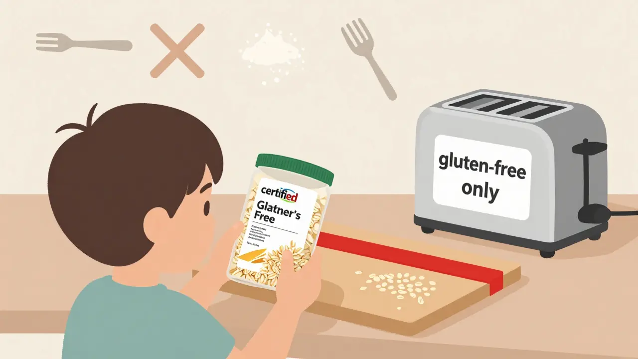 Child reading gluten-free label in kitchen with separated utensils and toaster