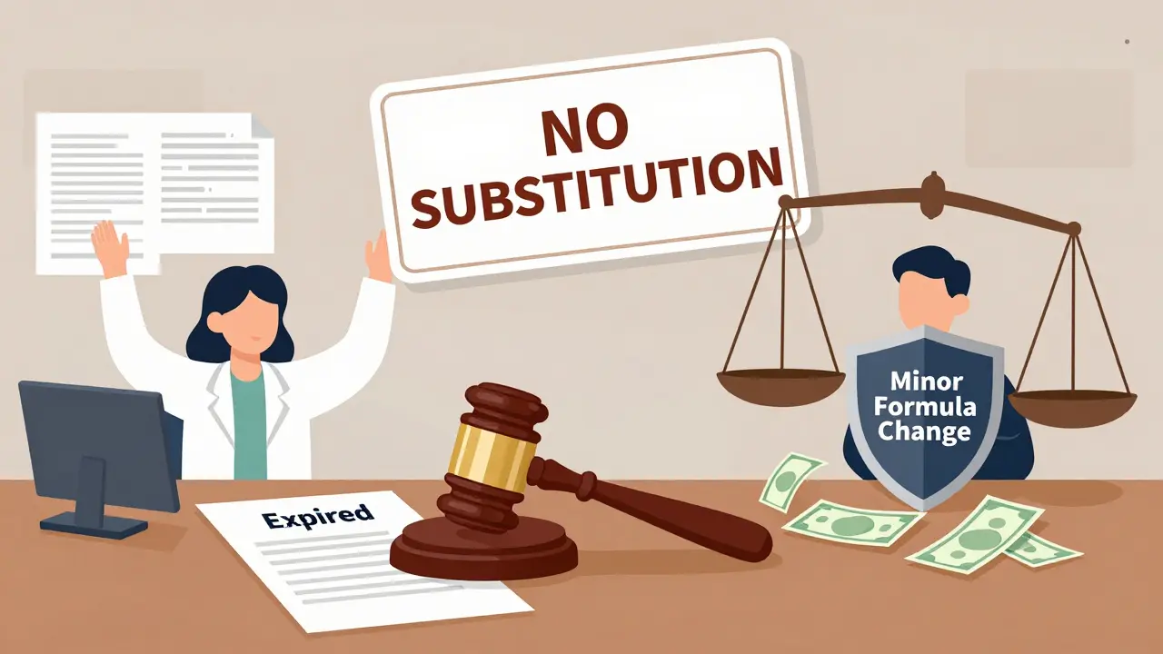 Courtroom with gavel on expired patent as generics are blocked by fake innovation shield