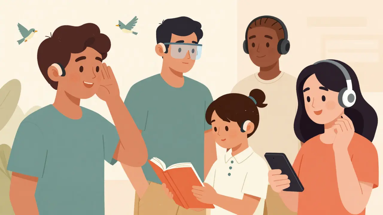 Diverse individuals using bone-conduction devices in daily life, including swimming, school, and streaming music.