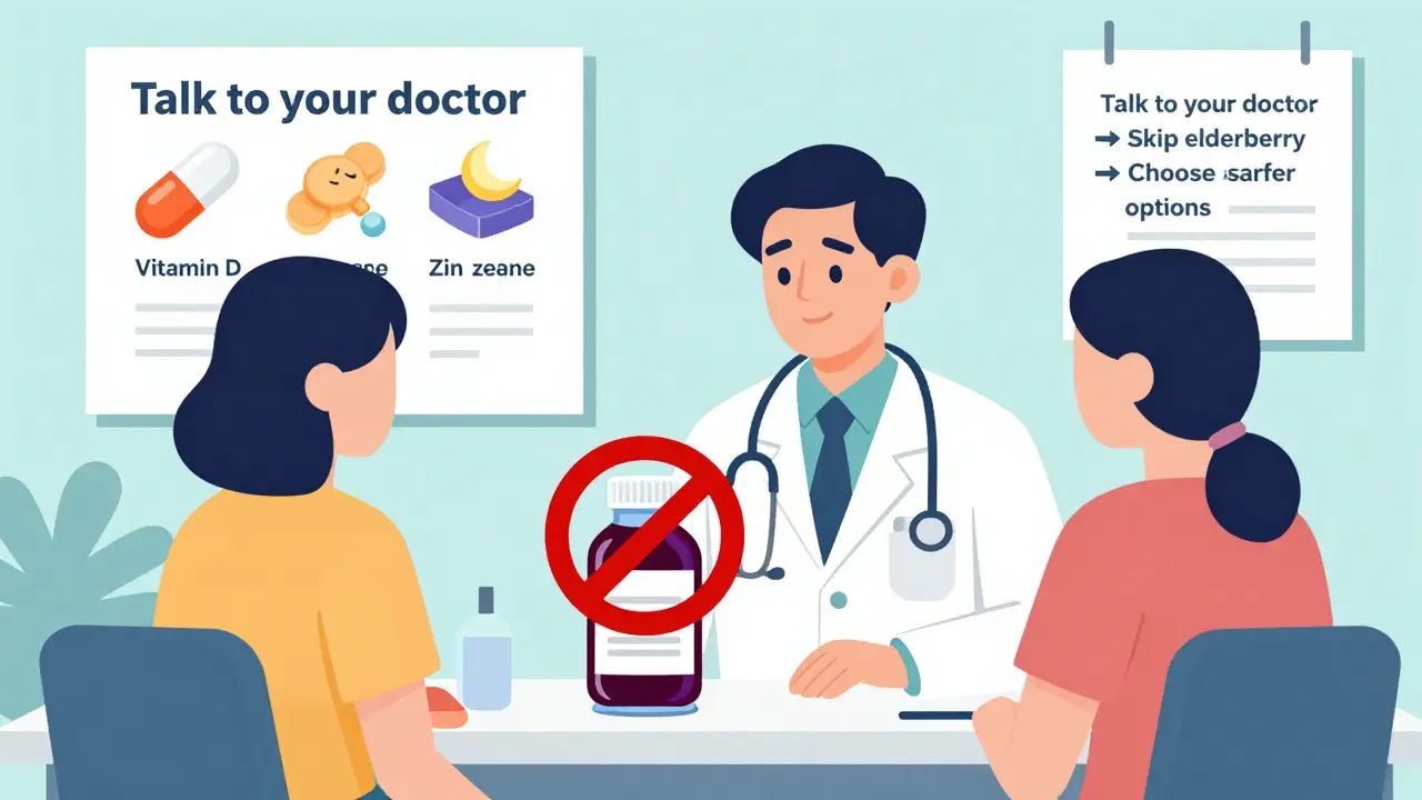 Doctor and patient at clinic, elderberry banned with safe alternatives shown on a poster.