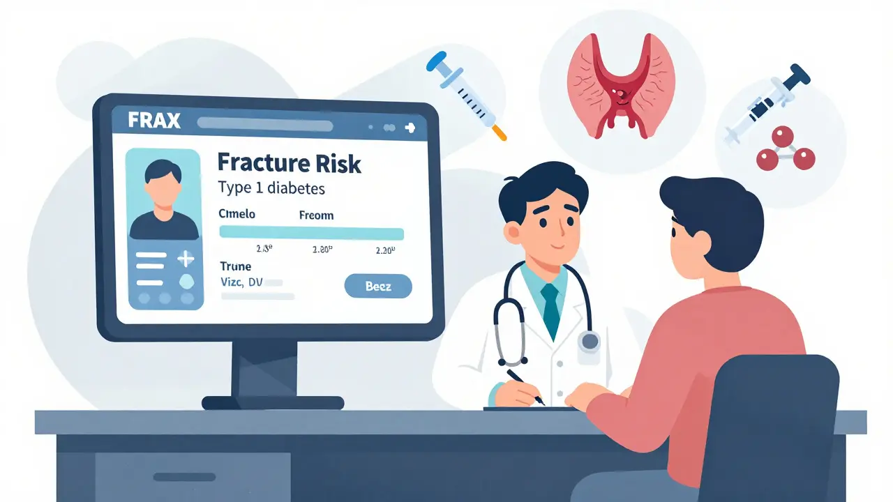 Doctor and patient viewing FRAX calculator with endocrine disorder icons and a cracked bone visualization.