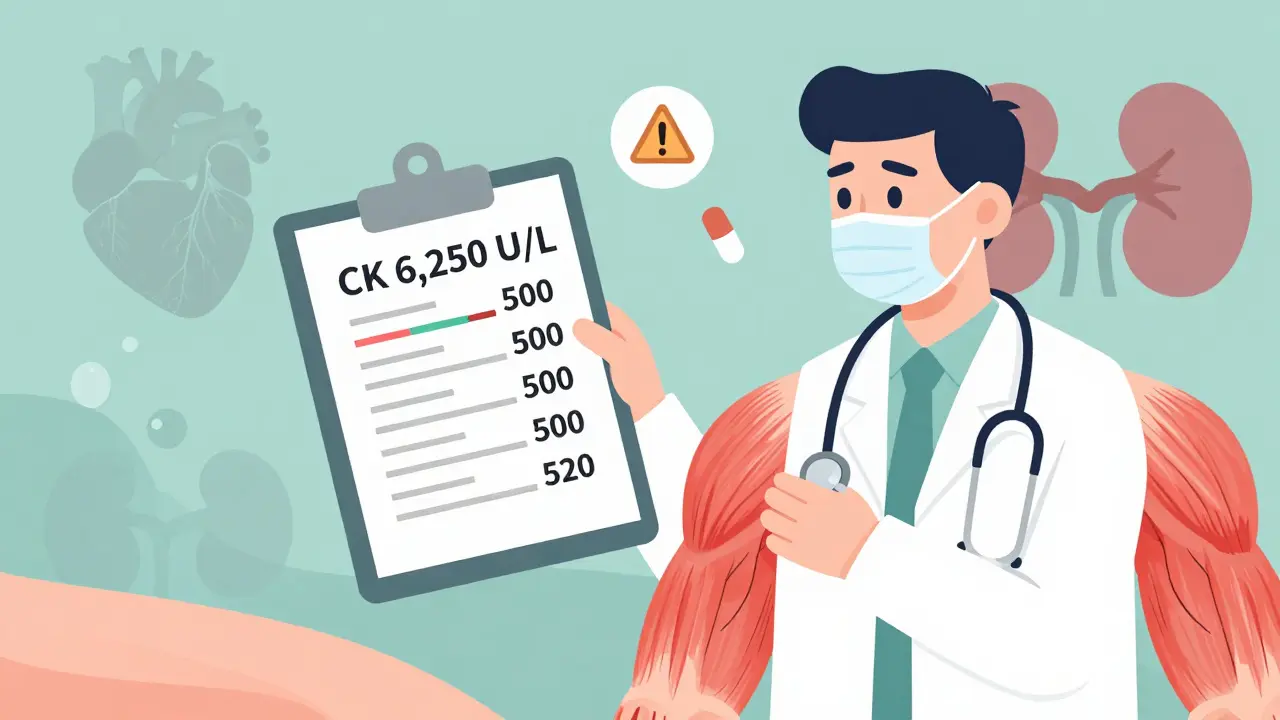 Doctor holding CK chart with rising levels as patient's muscles show cracks, daptomycin pill nearby.