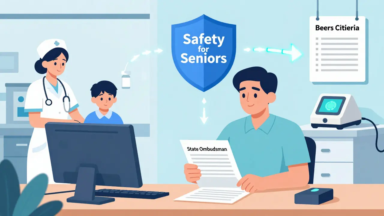 Family filing report with ombudsman, split scene shows nursing home error vs. hospital safety.