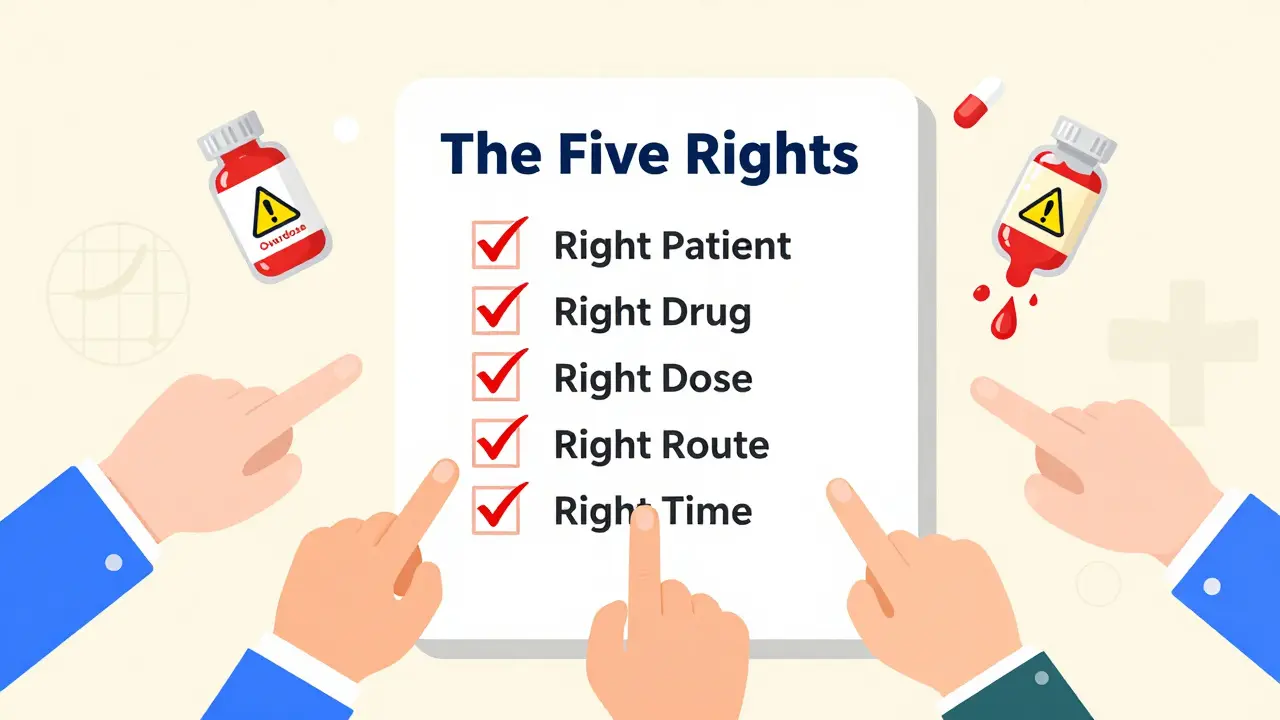 Five Rights checklist with pill bottles and warning symbols, medical icons in background.