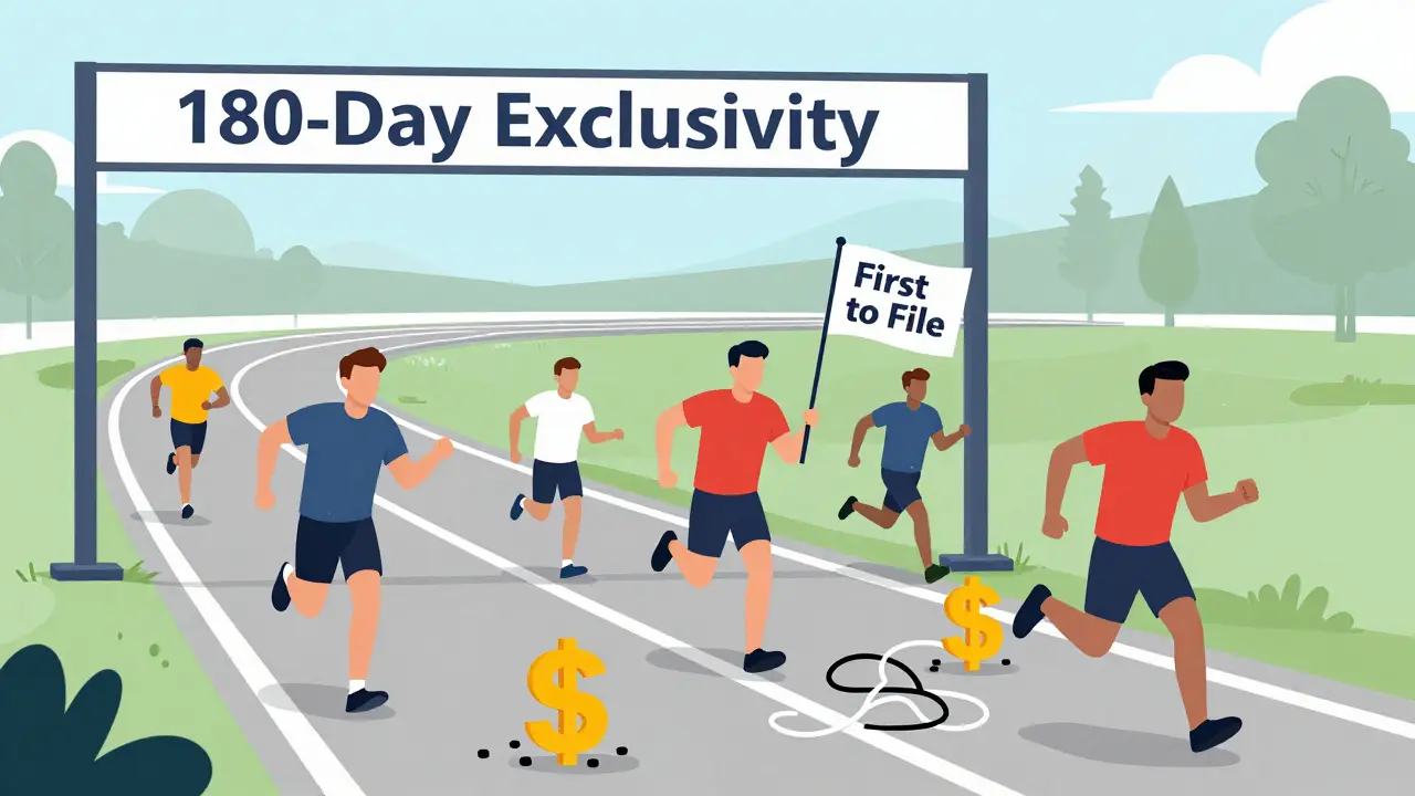 Generic companies racing for 180-day exclusivity, hindered by pay-for-delay and patent obstacles.