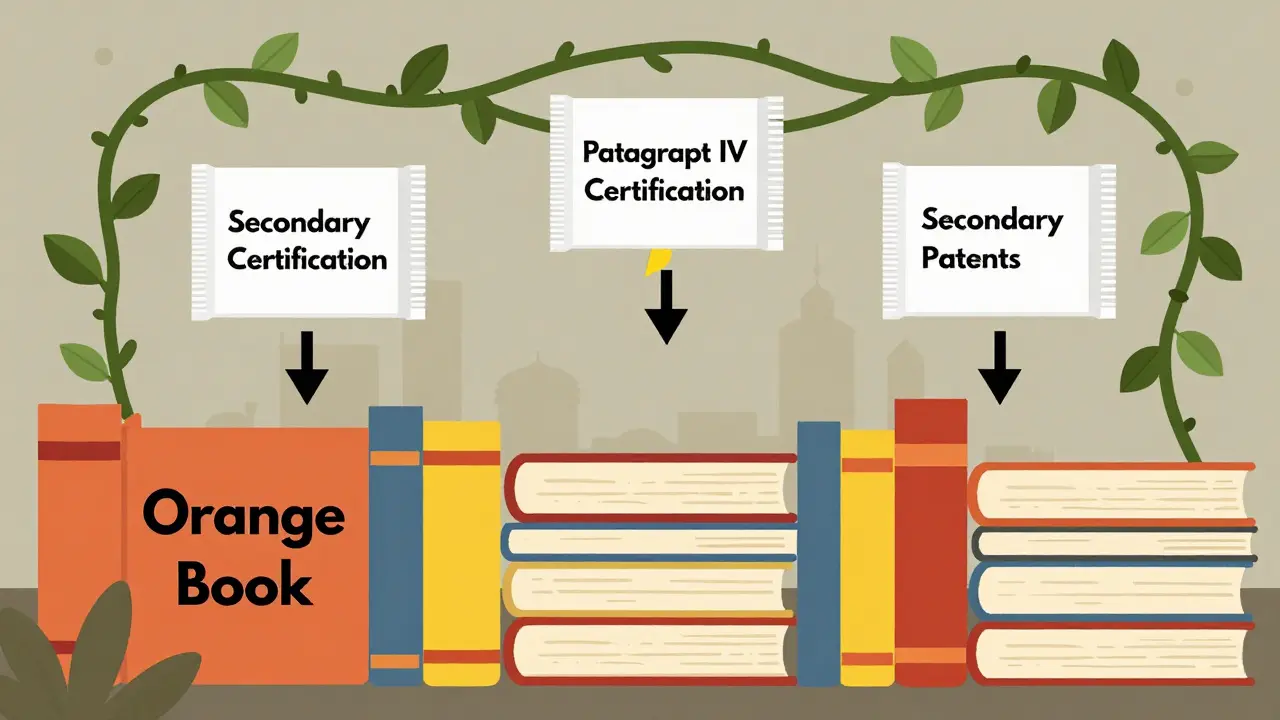 Generic drugs emerging from the Orange Book, blocked by patent vines and legal barriers.