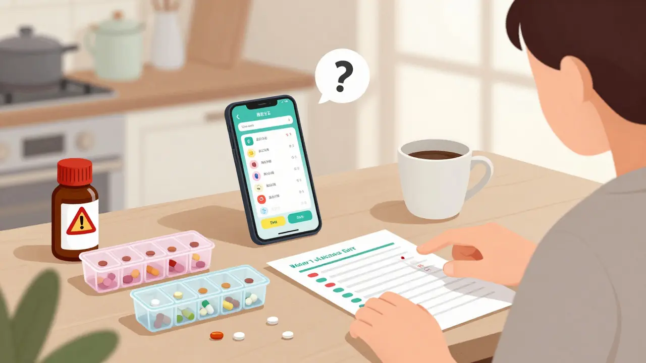 Home counter with pill organizers, smartphone app, and warning icons for high-risk medications.