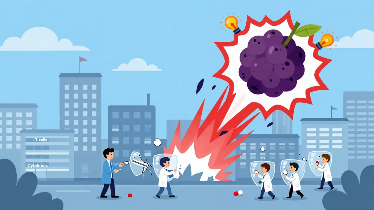 Immune system city under attack by a giant elderberry fruit, with drugs trying to stop the chaos.