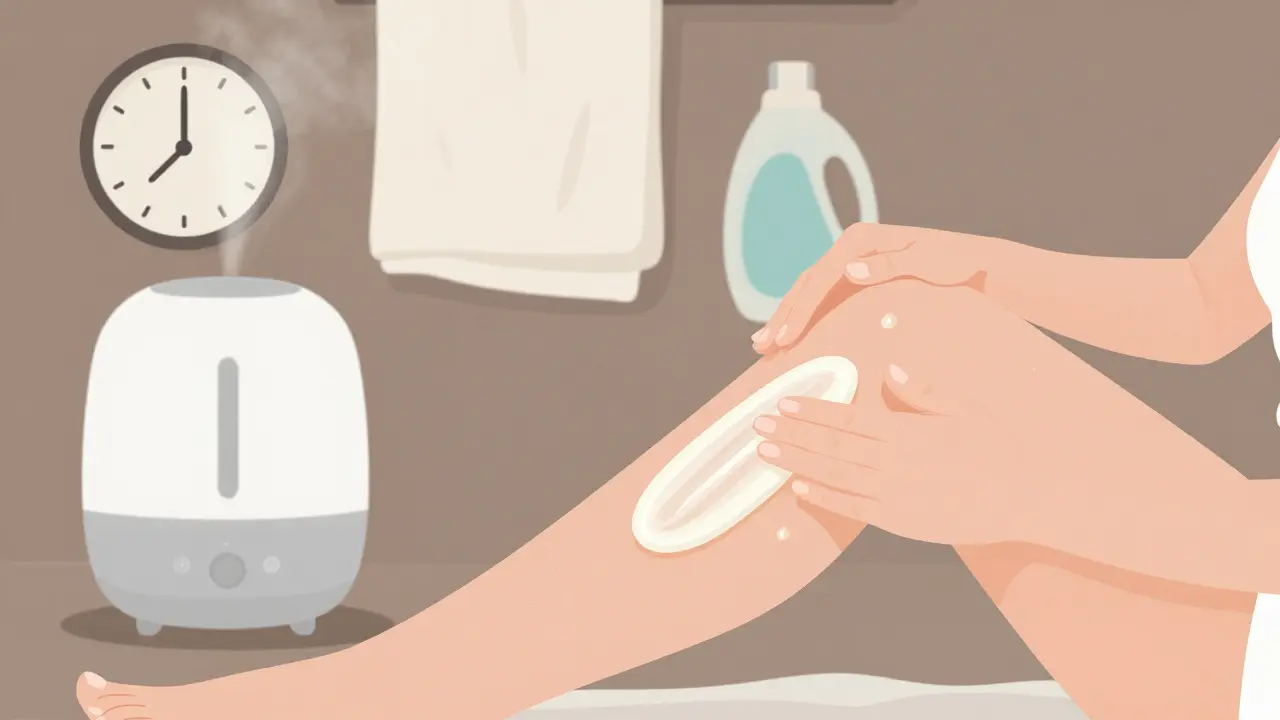 Person applying moisturizer after shower with humidifier and cotton clothes nearby.