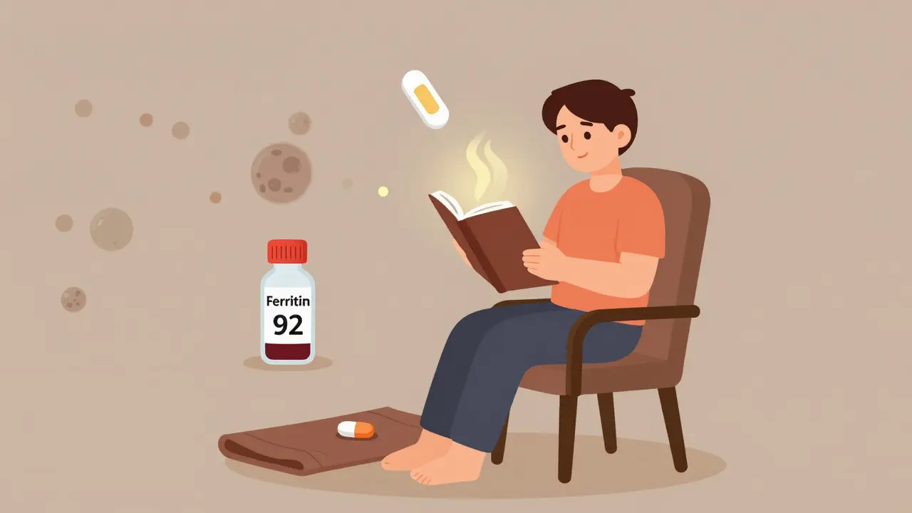 Person calm and relaxed, surrounded by symbols of non-dopamine RLS management.