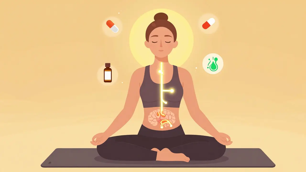 Person meditating with glowing connection between brain and gut, surrounded by health symbols.