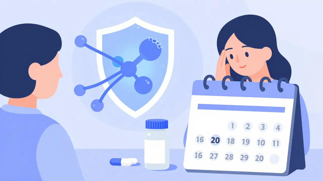 Person receiving a CGRP injection with reduced headache days shown on a calendar