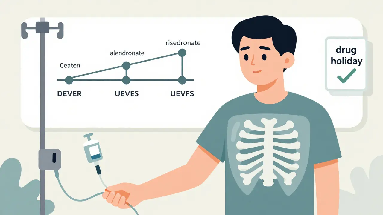 Person receiving IV bisphosphonate treatment with protective molecules shielding bones over a timeline.