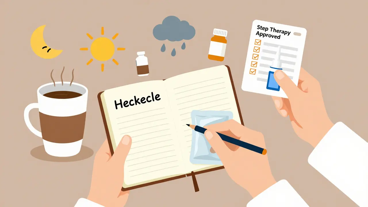 Person tracking migraine triggers in a diary with icons for sleep, stress, and weather