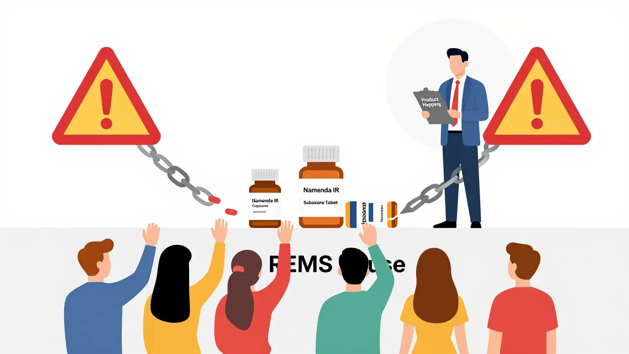 Pharma executive standing on expired drug bottles while patients are blocked by REMS wall