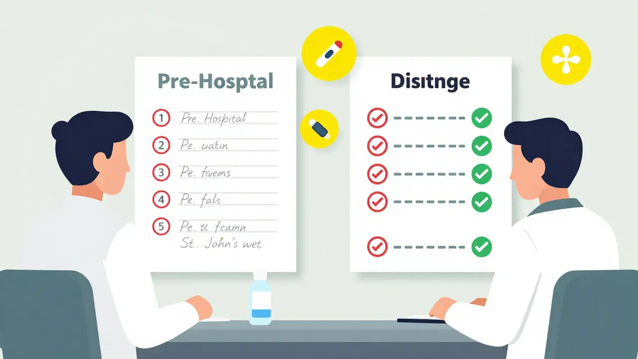 Pharmacist and patient comparing pre-hospital and discharge medication lists with mismatched items highlighted.