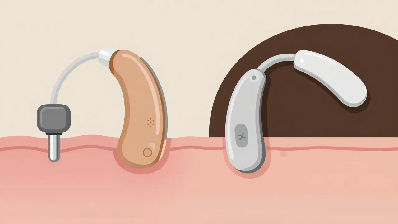 Side-by-side comparison of percutaneous and transcutaneous bone-conduction hearing systems with visible and hidden components.