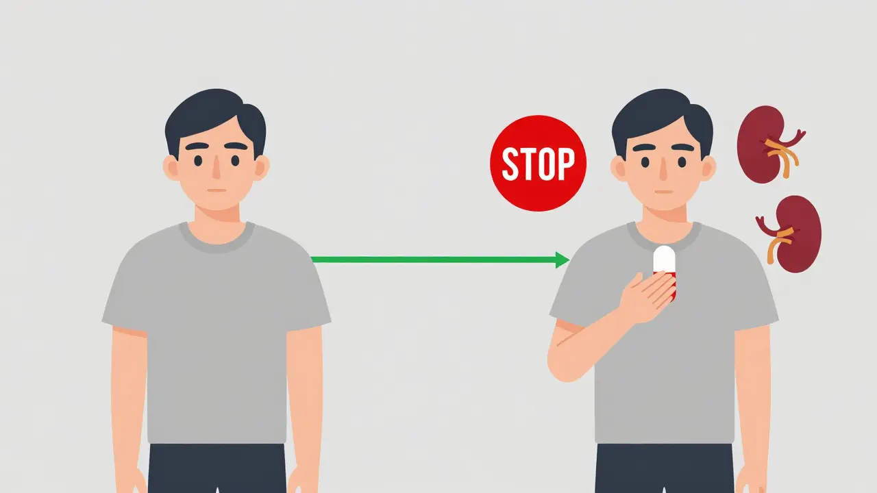 Side-by-side illustration: safe statin and daptomycin use vs. warning with stop sign and symptoms.