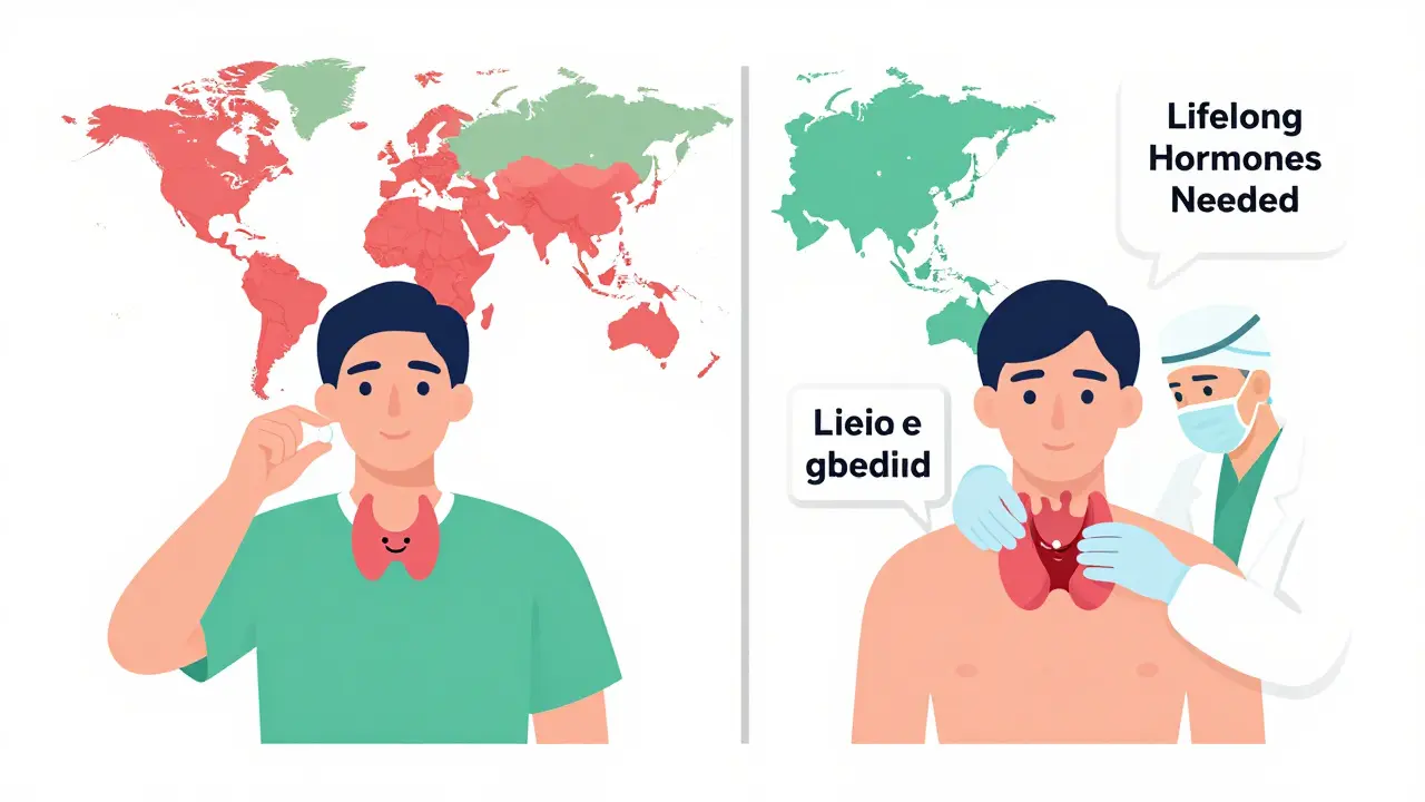 Split scene: person taking iodine supplement vs. person after thyroid surgery